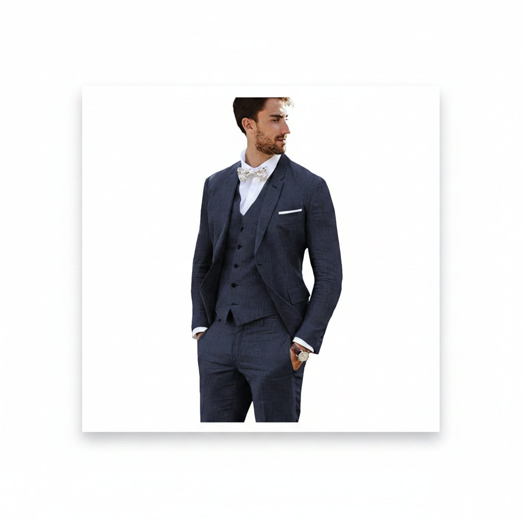 Ensemble de costume en lin ajusté pour homme – Style slim trois pièces pour mariages et événements formels