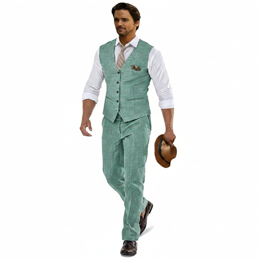 Ensemble gilet et pantalon en lin pour homme – Costume d’été léger pour mariages et événements