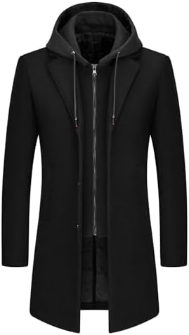 Pánsky zimný kabát z vlnenej zmesi s kapucňou - dlhý elegantný plášť s vrstveným predným dielom na zips na elegantné ležérne jesenné a zimné nosenie