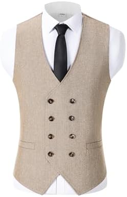 Men’s Double-Breasted Wool Tweed Waistcoat with V-Neck – Vintage Tailored Suit Vest for Weddings and Groomsmen