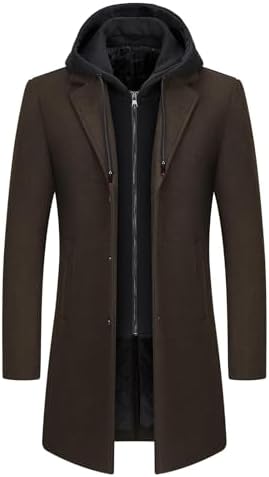 Pánsky zimný kabát z vlnenej zmesi s kapucňou - dlhý elegantný plášť s vrstveným predným dielom na zips na elegantné ležérne jesenné a zimné nosenie