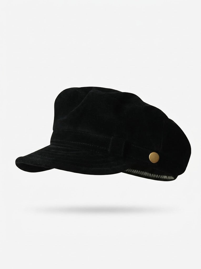 Women’s Suede Baker Boy Cap – Vintage Marine-Style Flat-Brim Winter Newsboy Hat with Decorative Button