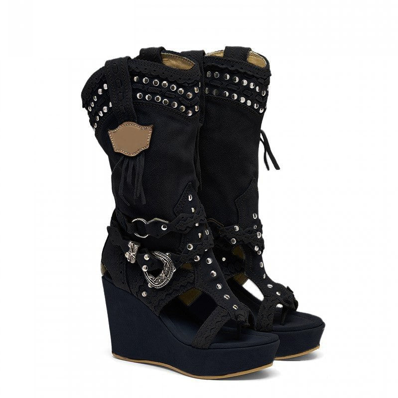 Women’s Western Knee-High Wedge Boots – Studded Cut-Out Open-Toe Cowboy Boots with Platform Heel for Festivals and Statement Wear