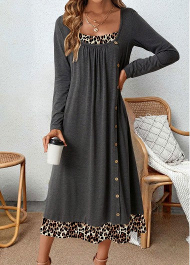 Women’s Leopard Print A-Line Dress – Stylish Casual Spring Outfit Lightweight Fabric Flattering Comfortable Fashion