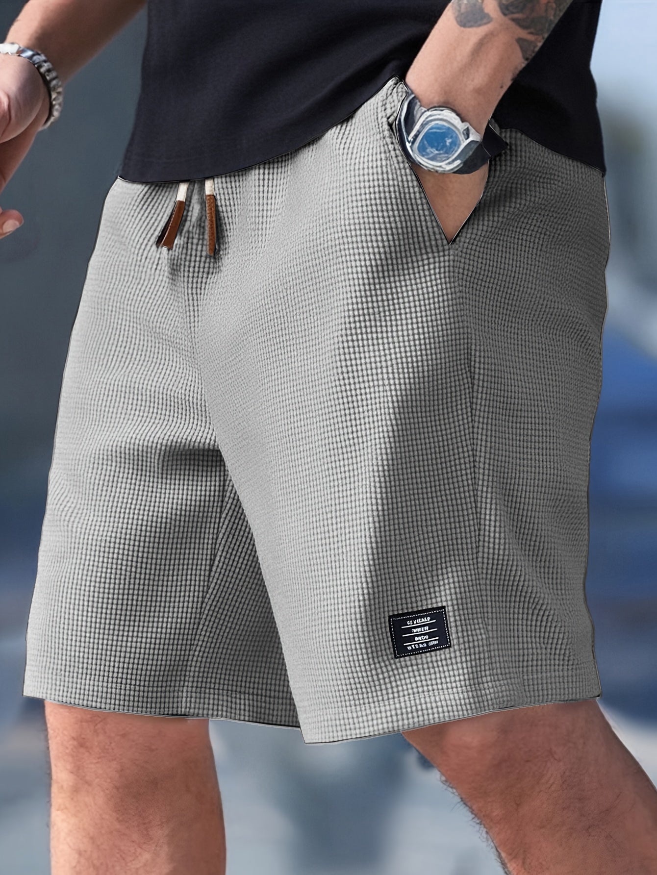 Herre sommershorts med vaffelmønster og snøre, afslappet stil
