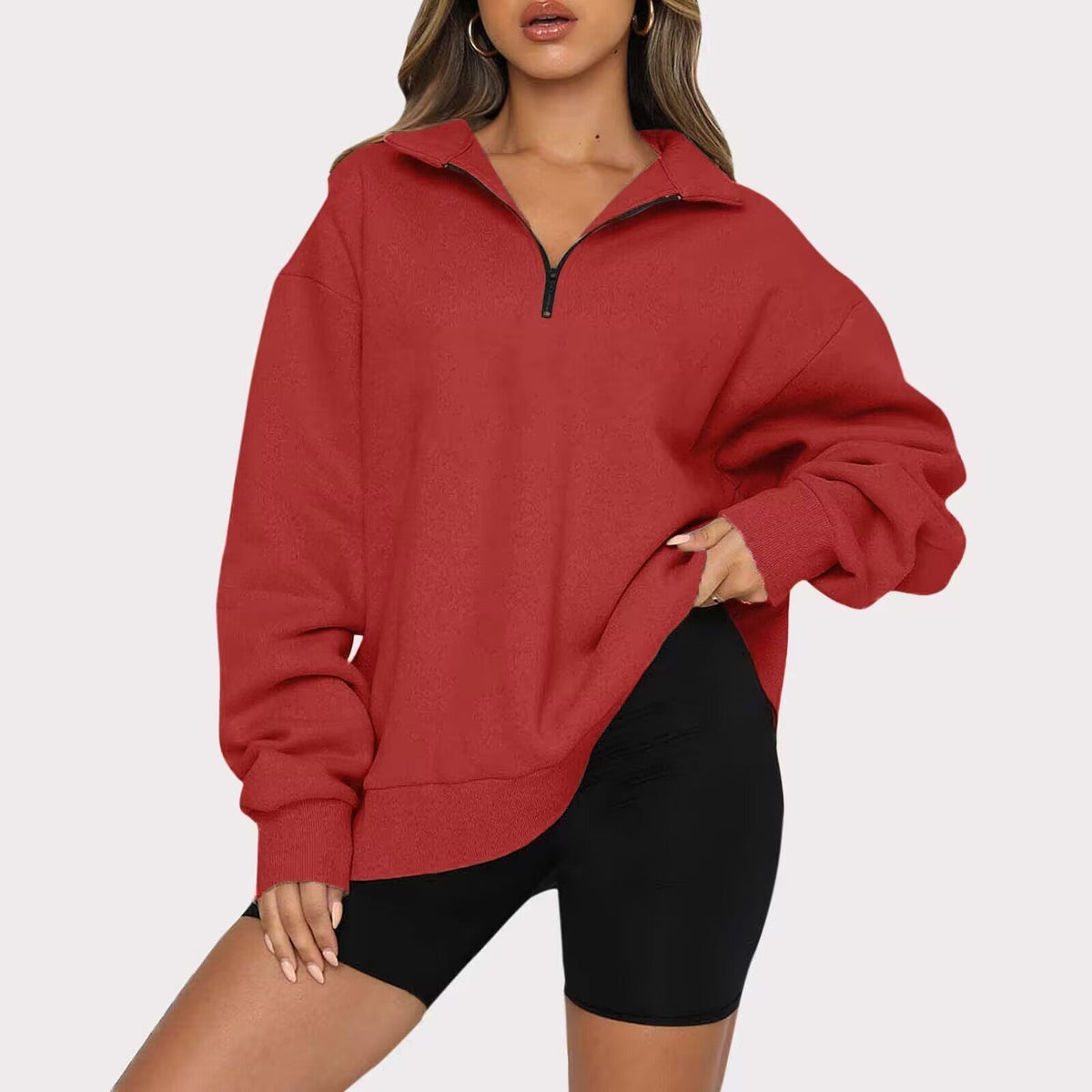 Sudadera extragrande para mujer con cuello y media cremallera – Prenda holgada de manga larga para llevar a capas a diario
