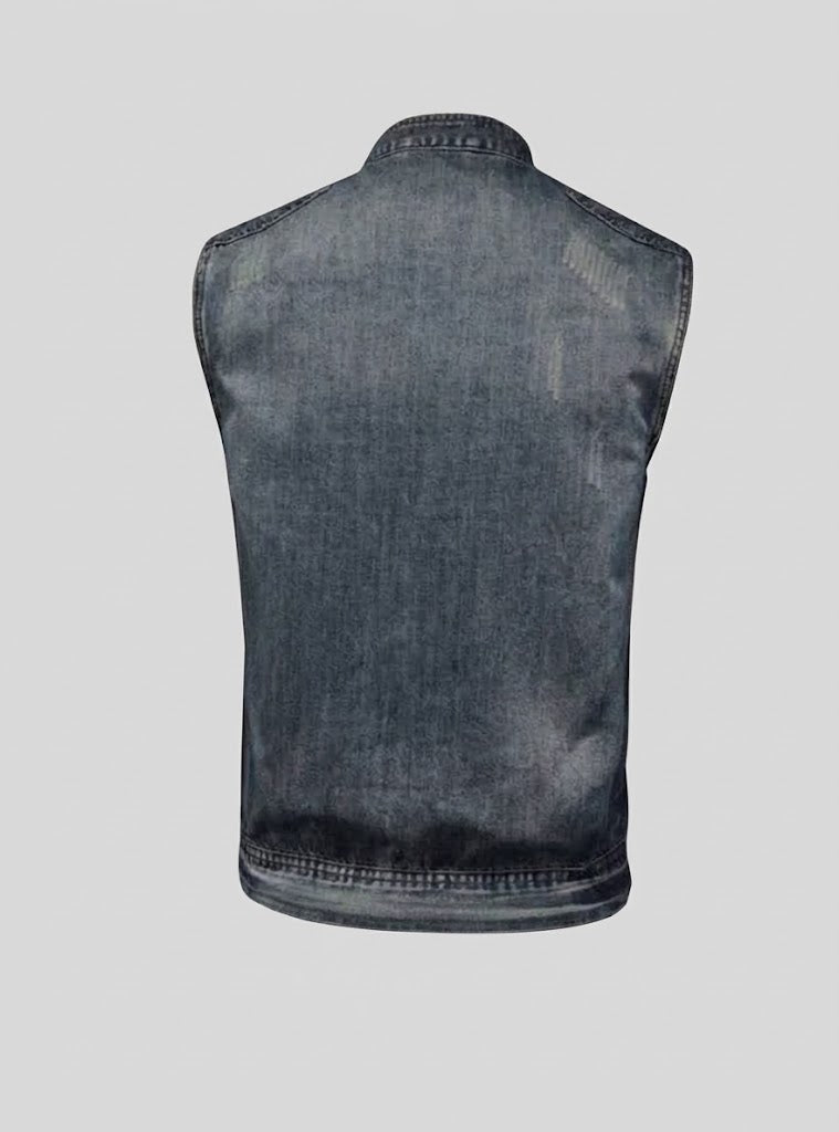 Gilet da motociclista da uomo in denim effetto vissuto – Strato senza maniche con chiusura frontale a cerniera, spalle trapuntate e tasche sul petto