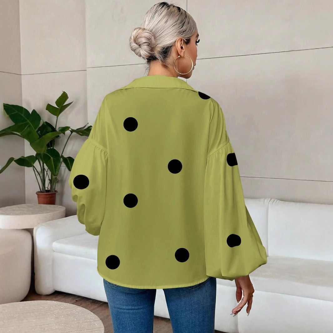 بلوزة نسائية أنيقة مطبوعة برقبة على شكل V وأكمام بالونية - تصميم خفيف وفضفاض للارتداء في المكتب والكاجوال الأنيق