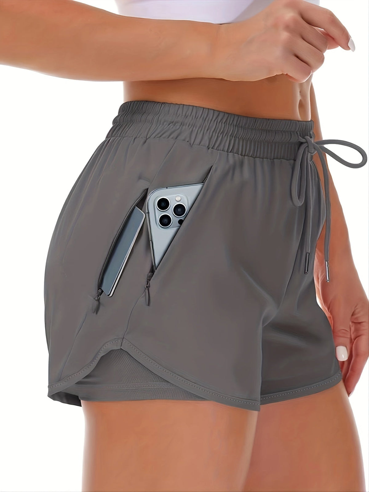 Women’s 2-in-1 Running Shorts – Lightweight Layered Fitness Style with Zip Pockets