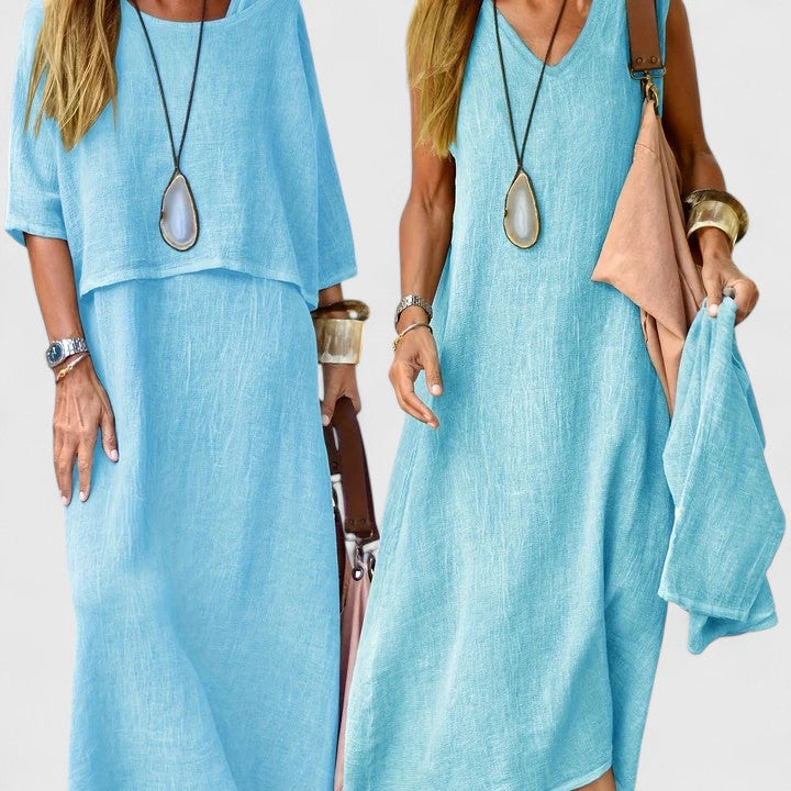 Abito lungo a strati da donna, vestibilità comoda, stile quotidiano