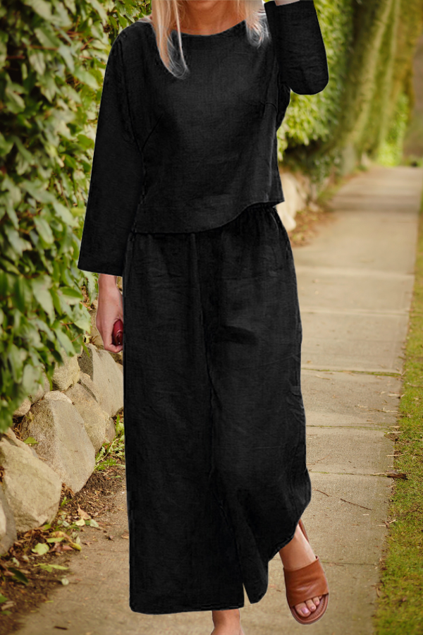 Women’s Linen Lounge Set – Layered Three-Quarter Sleeve Top with Wide-Leg Trousers for Summer Wear