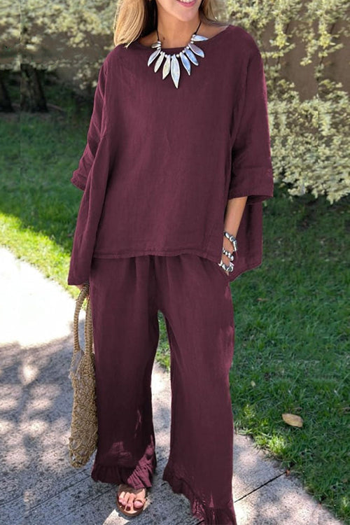 Conjunto de dos piezas de algodón y lino para mujer - Top holgado de mangas tres cuartos con pantalón de pierna ancha y bajo con volantes