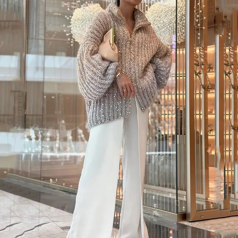 Cardigan tricotat gros și texturat pentru femei, cu închidere cu fermoar și guler înalt - strat oversized, lung, pentru toamnă și iarnă