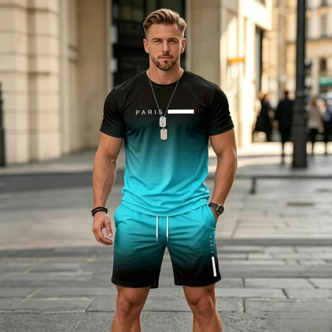 Men’s Two-Piece Summer Set – Short-Sleeve T-Shirt and Drawstring Shorts with Gradient Design