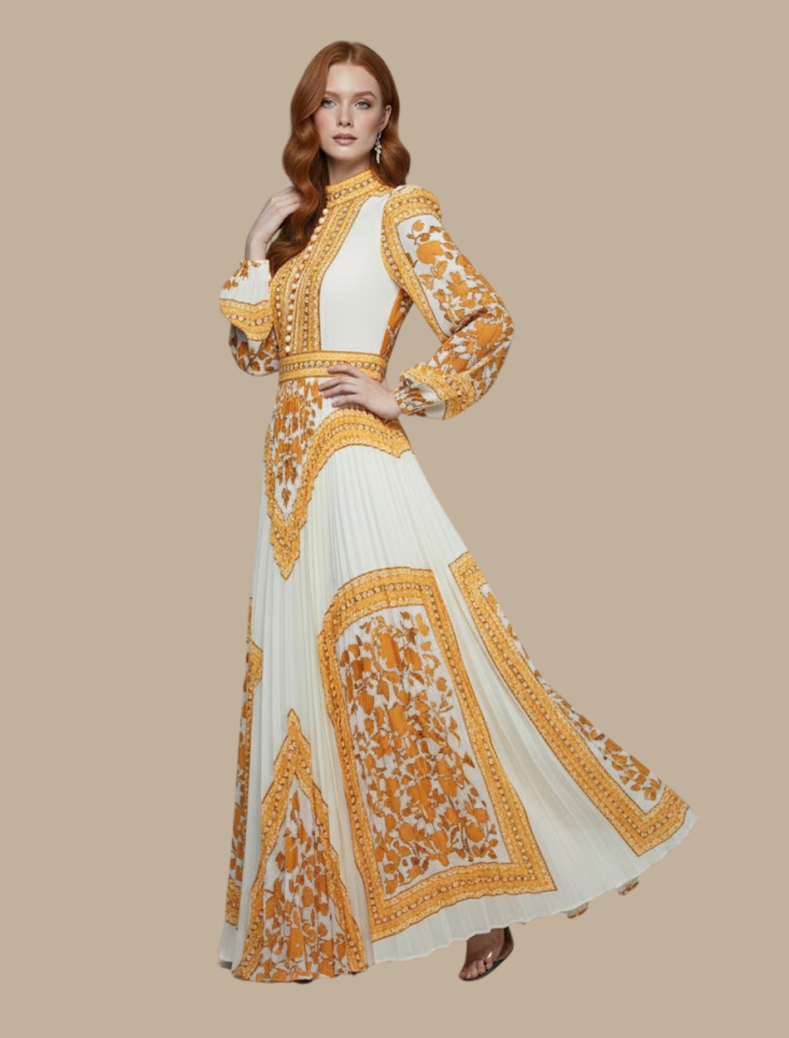 Women’s Printed Pleated Maxi Dress – Long-Sleeve Evening Gown for Formal Events