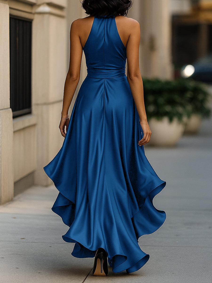 Women’s Satin Halter Evening Dress – Ruched High-Low Maxi Gown with Draped Waist for Weddings Galas and Formal Events