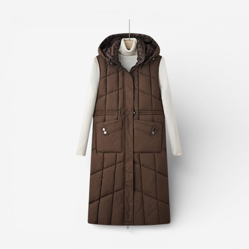 Lang, omkeerbaar gewatteerd damesgilet met capuchon en verstelbare taille - warme mouwloze gewatteerde bodywarmer voor herfst en winter