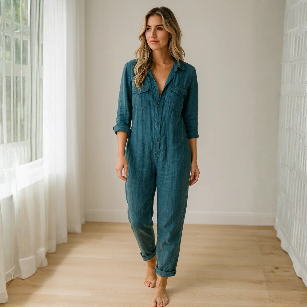 Women’s Button-Front Utility Jumpsuit – Relaxed Long-Sleeve One-Piece with Pockets for Casual Everyday and Travel Wear