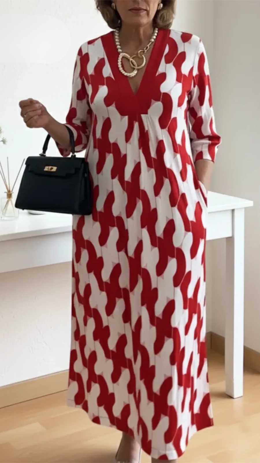 Women’s Printed Maxi Dress V Neck Three Quarter Sleeves
