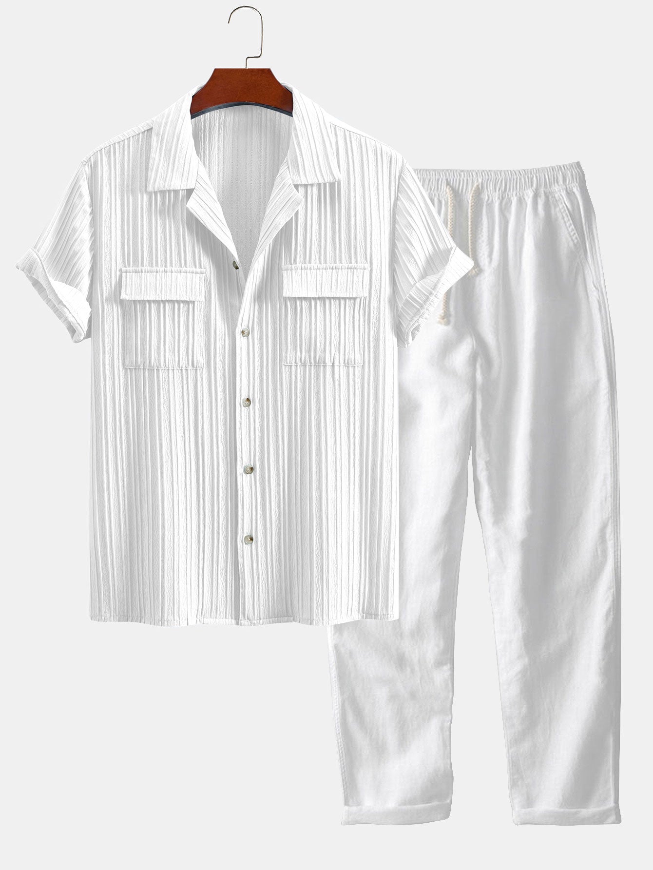 Pánská texturovaná košile s kubánským límcem a kalhoty z lněné směsi v soupravě pro elegantní ležérní letní outfit