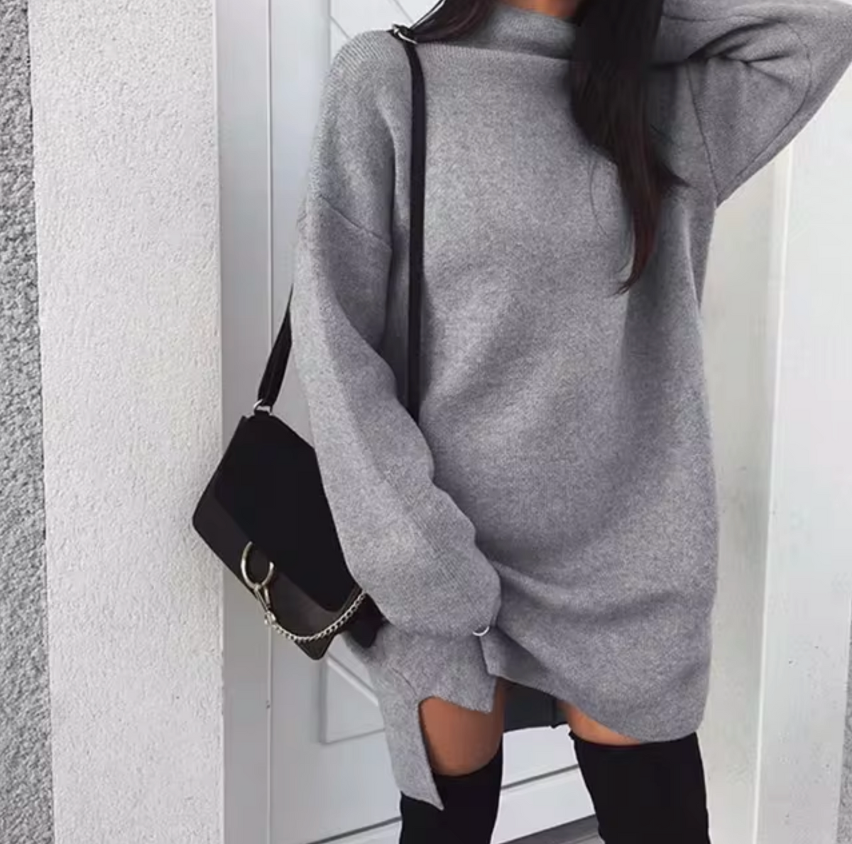 Robe-pull en laine et cachemire pour femme, avec col montant et fentes latérales – Style mini ample en maille pour une tenue douillette en automne et en hiver