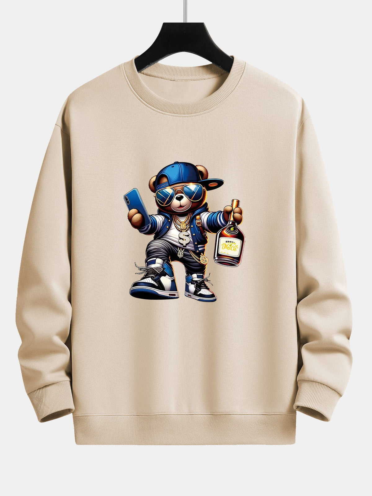 Bluză bărbătească hip-hop cu grafică de ursuleț - croială lejeră, bluză streetwear din amestec de bumbac, cu guler rotund, pentru ținutele de zi cu zi