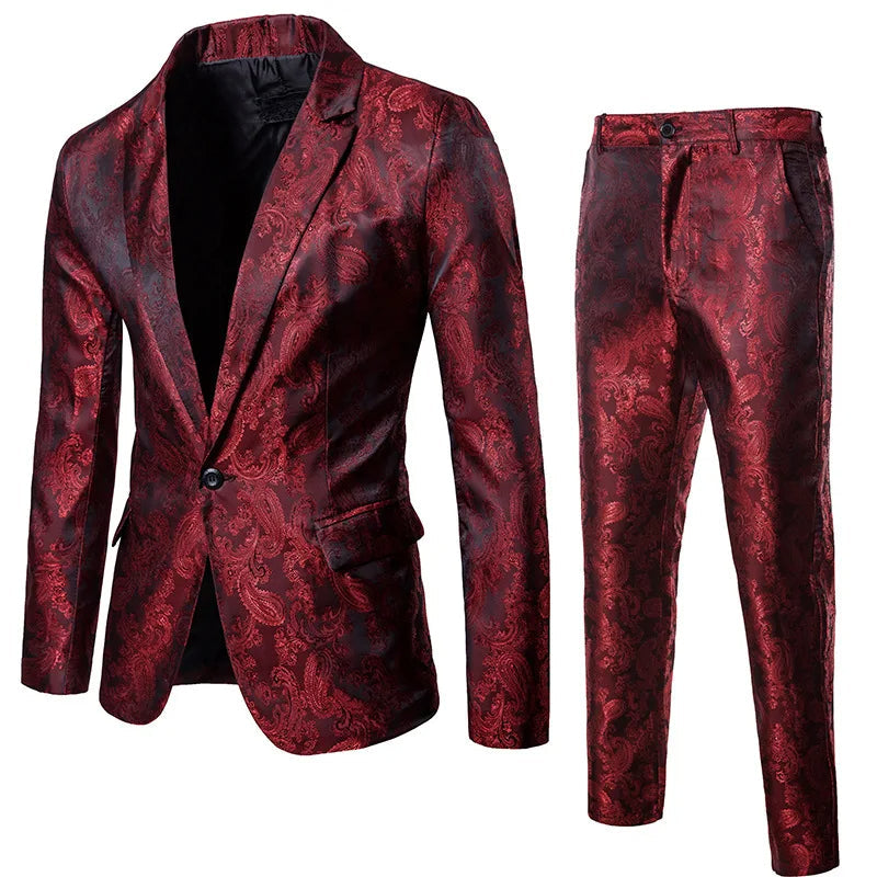 Men’s Jacquard Suit Set Slim Fit Formal Blazer Trousers