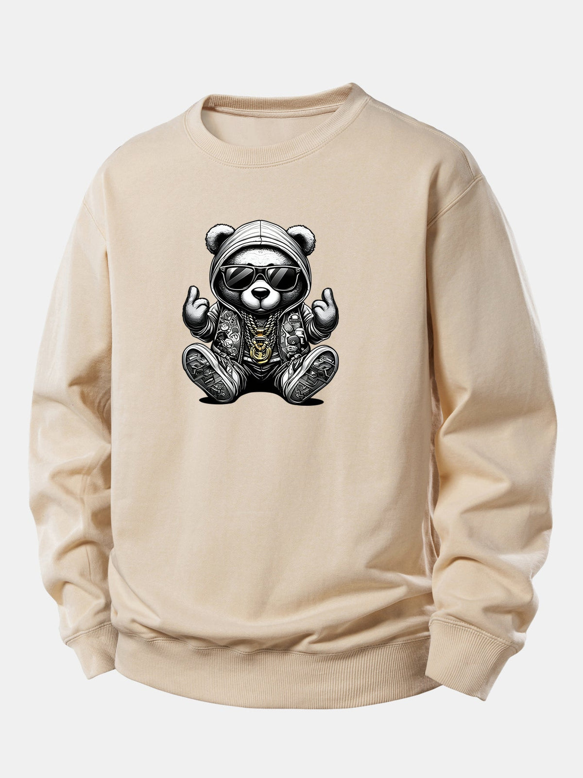 Camisola de homem de hip-hop com urso de peluche - corte descontraído, mistura de algodão, pulôver com capuz e gráfico de urso, ao estilo urbano