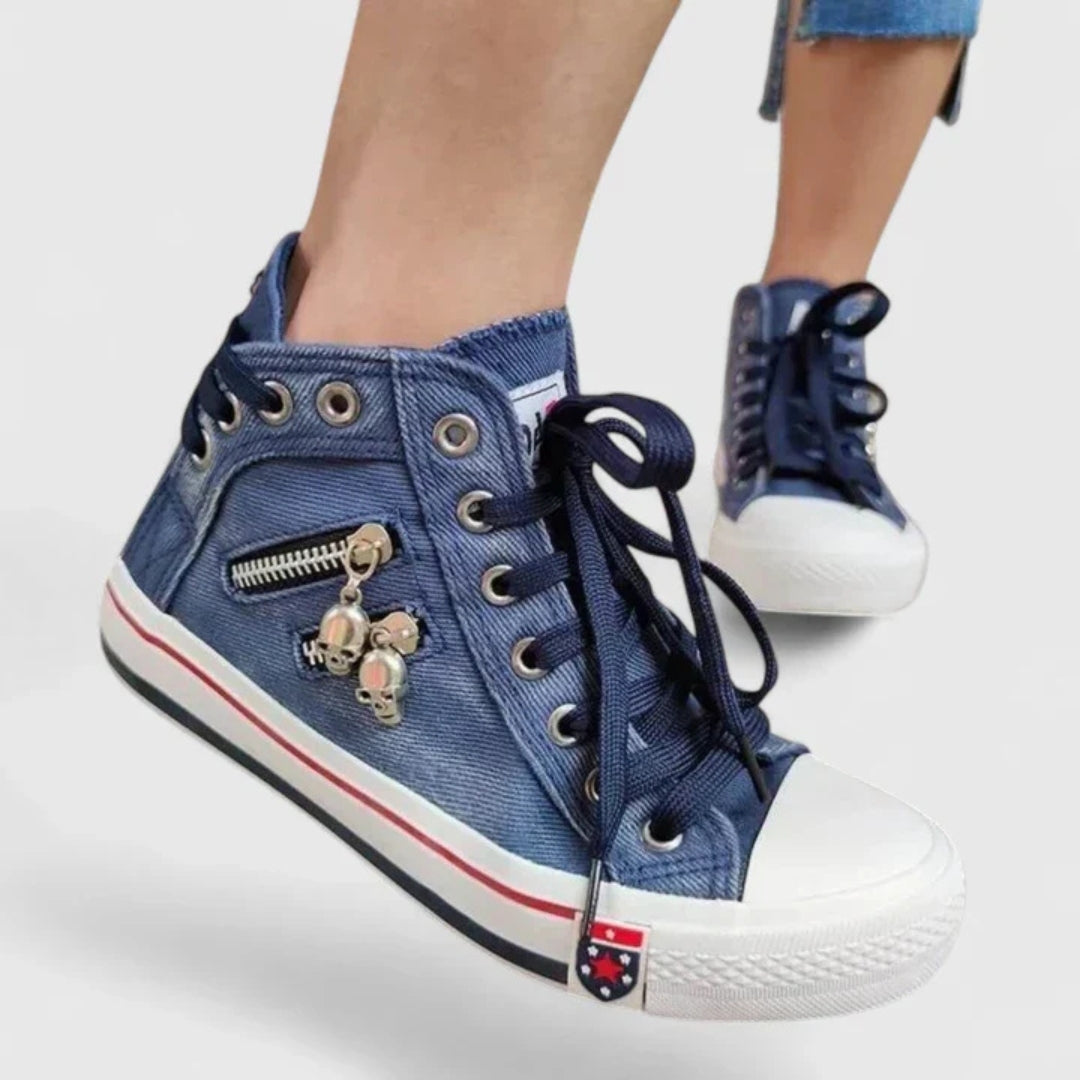 Women’s Denim High-Top Trainers – Lace-Up Casual Sneakers with Side Zip Detail