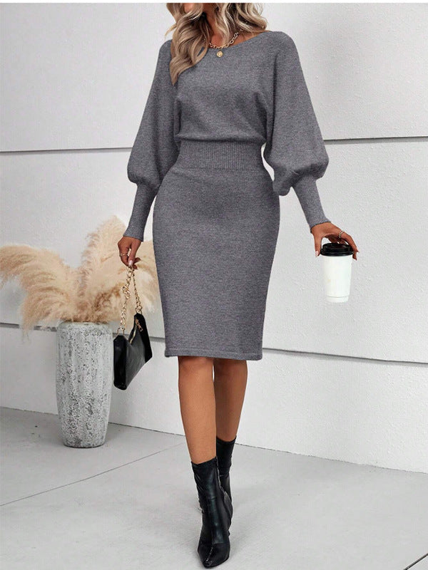 Vestido midi de malha com mangas morcego para senhora – Estilo justo na cintura para trabalho, dia a dia informal elegante no outono e no inverno