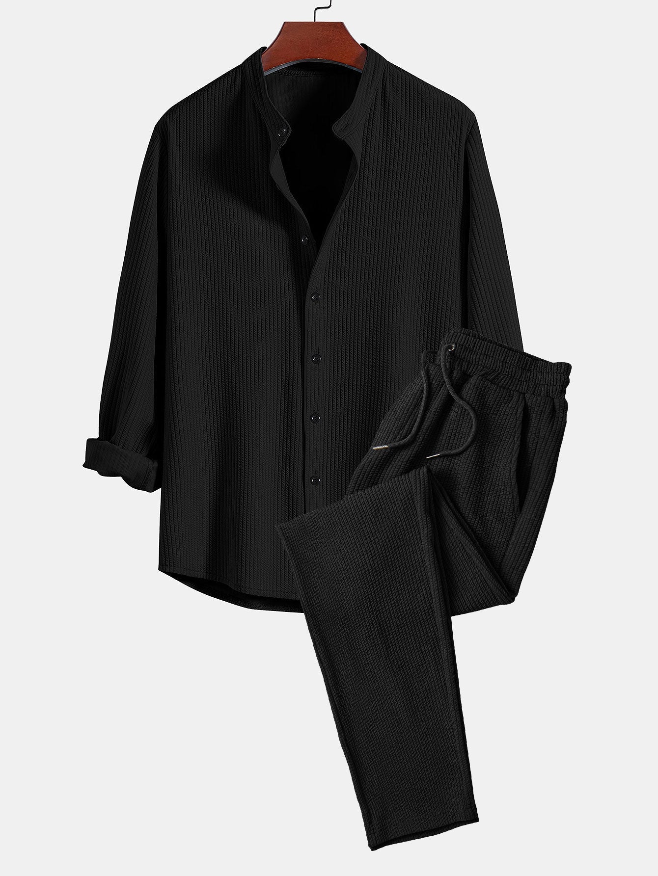 Men’s Ribbed Stand Collar Shirt and Straight-Leg Trousers – Stretch Smart Casual Co-Ord