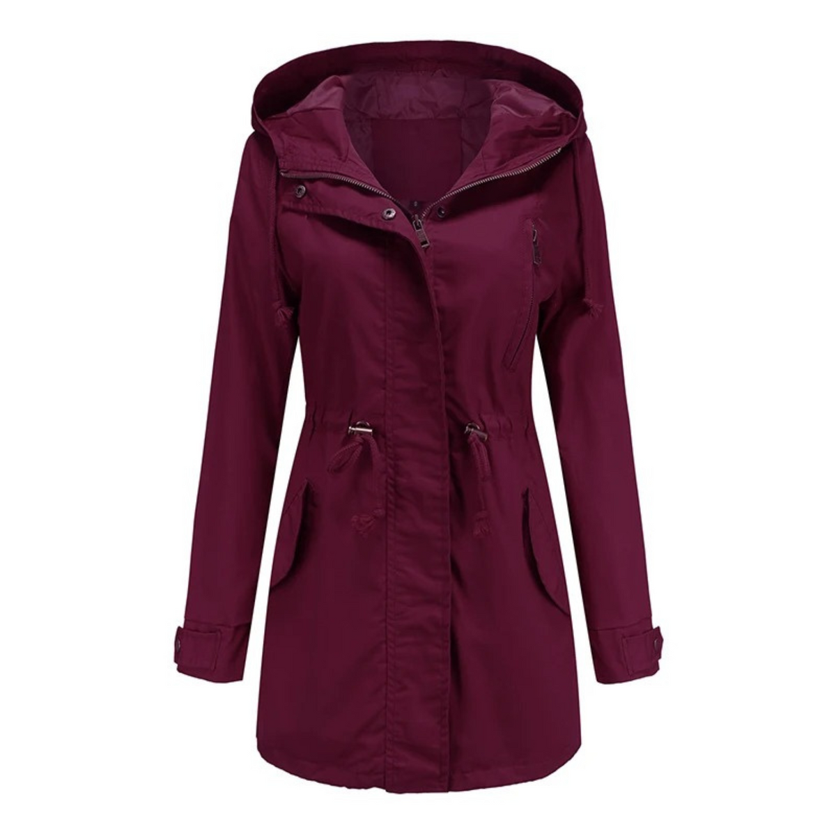 Women’s Hooded Drawstring Utility Parka – Mid-Length Zip-Front Jacket with Adjustable Waist and Practical Pockets