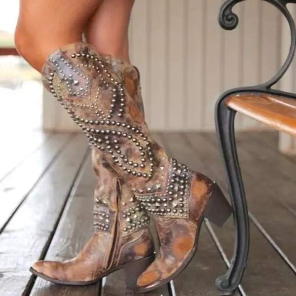 Women’s Studded Western Cowboy Boots – Statement Block Heel Festival Style