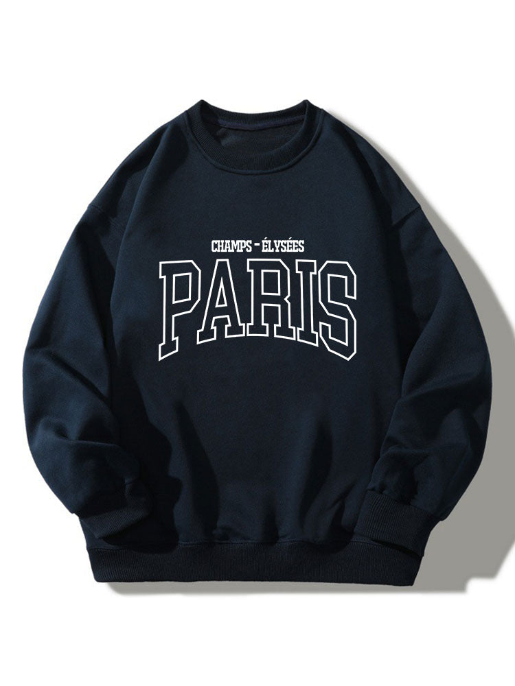 Sweatshirt masculino em mistura de algodão com estampa gráfica de Paris – Corte descontraído, gola redonda, estilo universitário casual para o dia a dia