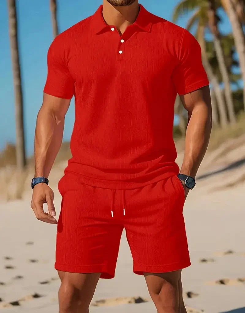 Herre strikket poloshirt og shorts afslappet sæt