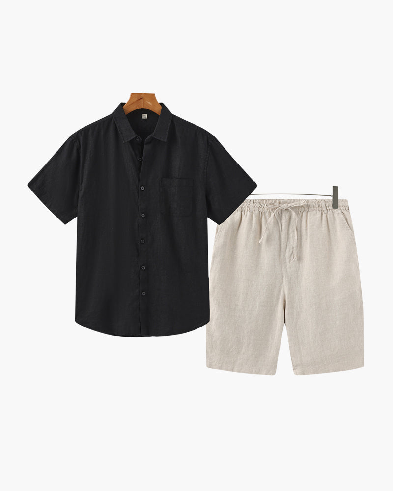 Set relaxat de vară pentru bărbați, cămașă și pantaloni scurți din in