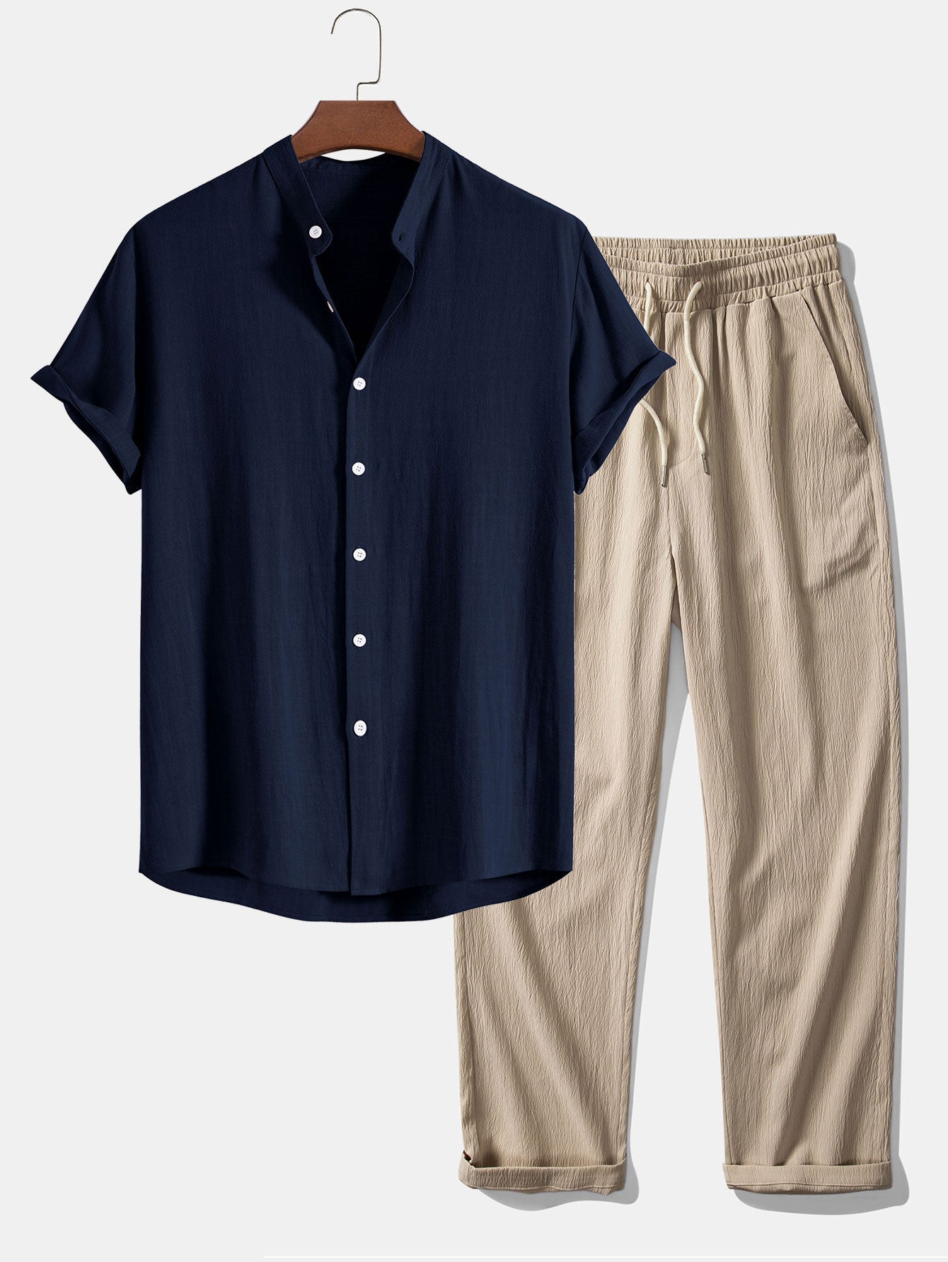 Men’s Linen Blend Summer Co-Ord – Stand Collar Shirt with Straight-Leg Trousers