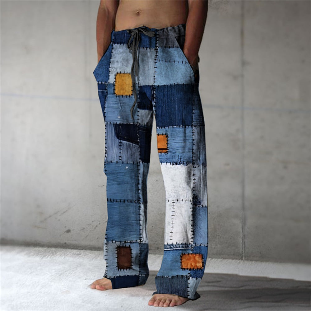 Men’s Patchwork Cotton-Linen Trousers – Relaxed Drawstring Pants for Casual Summer Wear