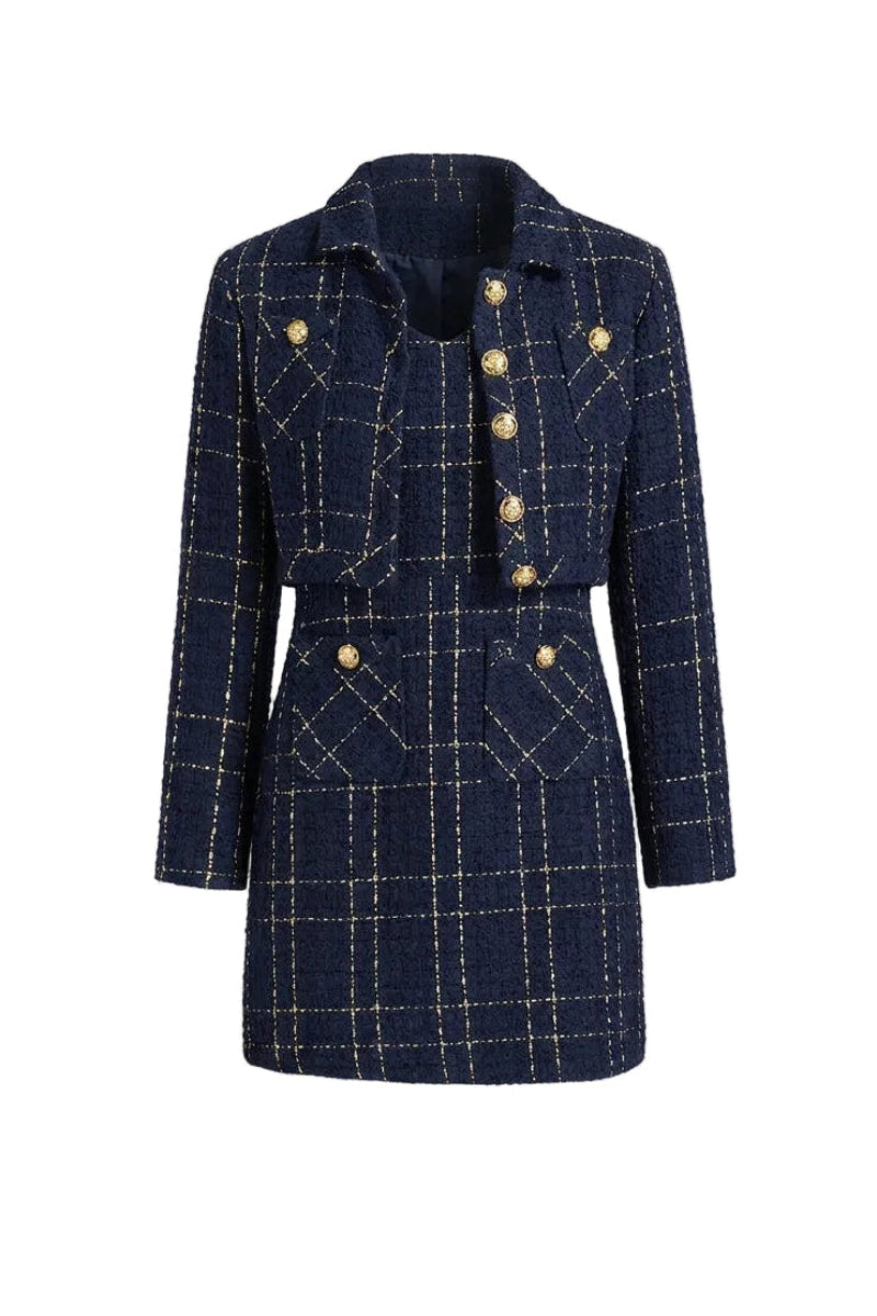 Set elegant din tweed pentru femei, format din două piese - sacou cambrat scurt, cu nasturi în față, și rochie mini mulată pentru ocazii elegante de toamnă și iarnă