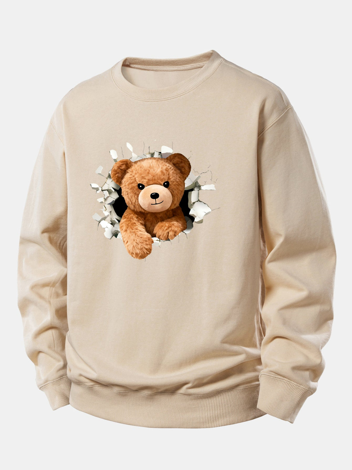 Sweatshirt til mænd med bamse, der bryder gennem en mur – afslappet pasform, bomuldsblanding, rund hals og legende grafik til afslappet streetwear