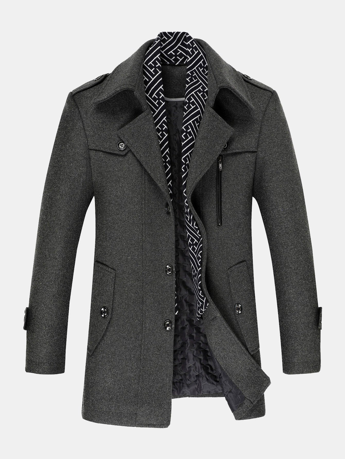 Abrigo acolchado de mezcla de lana para hombre con cuello de bufanda desmontable - Abrigo de invierno entallado de doble capa para vestir elegante e informal