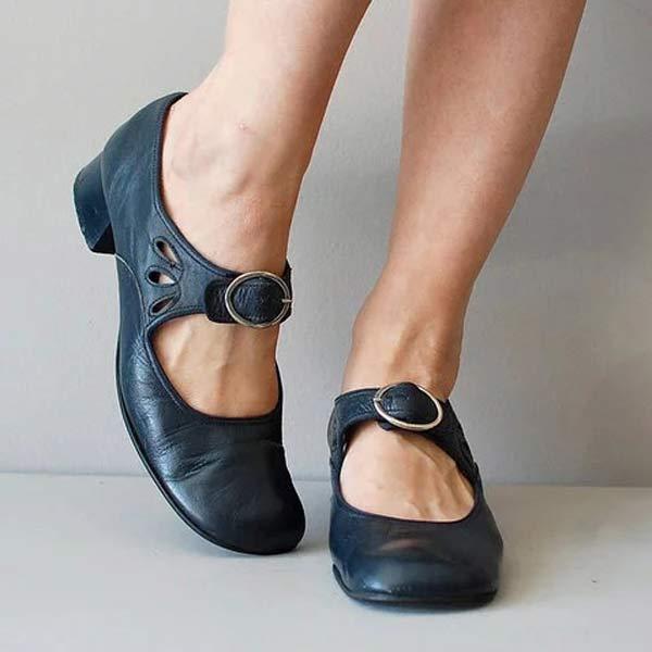Women’s Leather Mary Jane Shoes – Buckled Closed-Toe Low-Heel Style for Vintage-Inspired Daily Wear Smart Casual Outfits Workdays and City Dressing