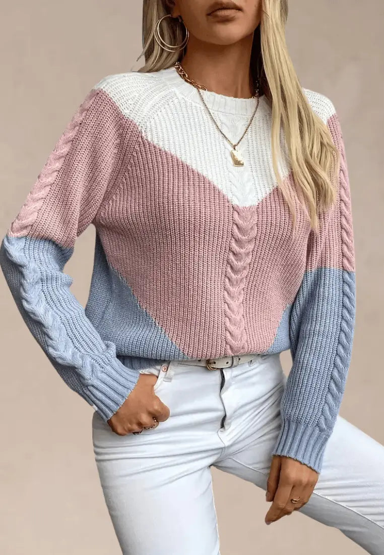 Damenpullover mit Colorblock-Design und Zopfmuster – Strukturierter Strickpullover mit Rundhalsausschnitt und langen Ärmeln für Herbst und Winter