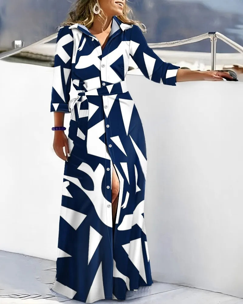 Vestido camisero estampado para mujer con cinturón, manga larga, largo midi