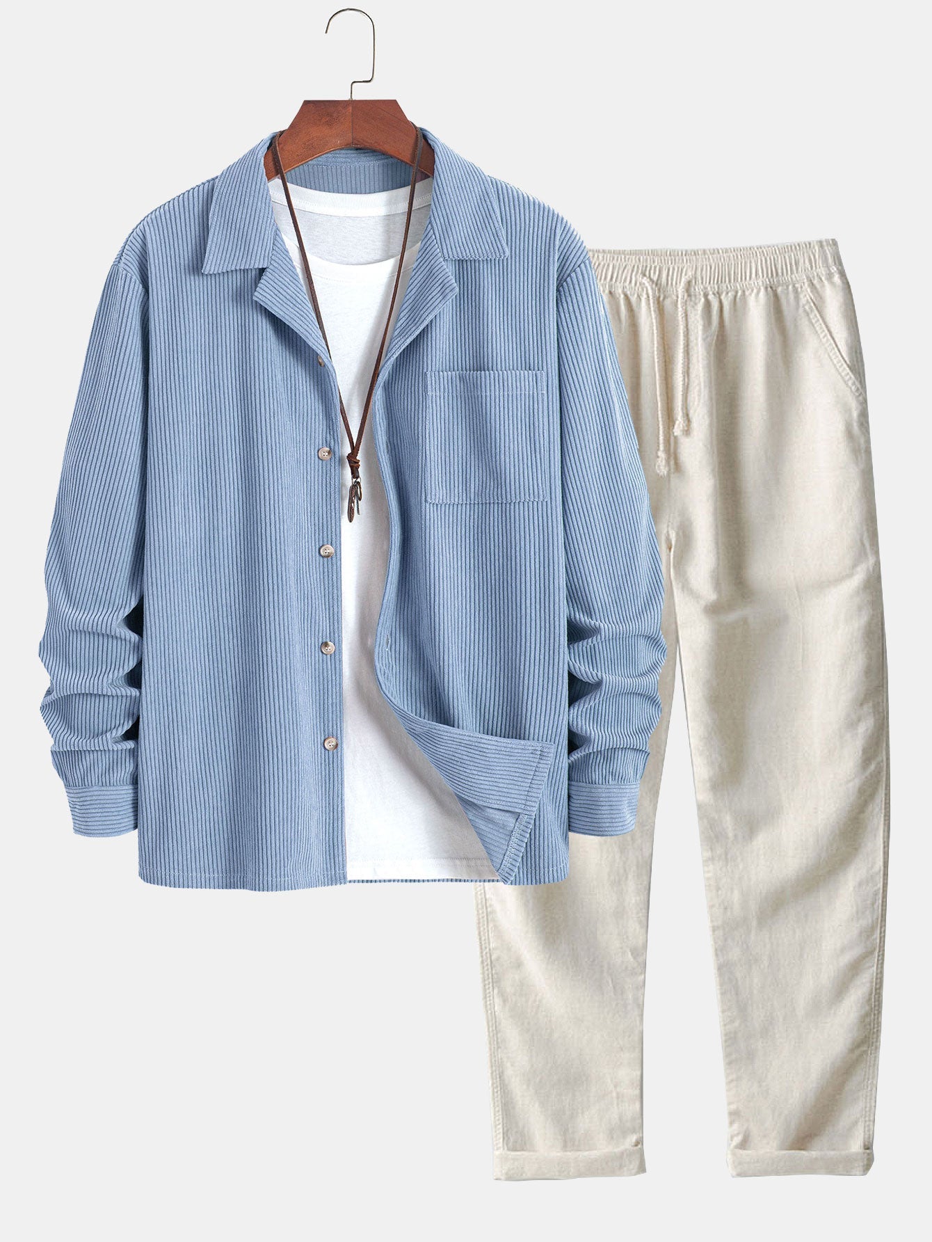 Men’s Corduroy Cuban Collar Shirt and Linen Blend Trousers – Relaxed Transitional Outfit