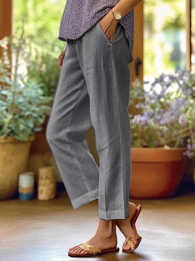 Pantaloni pentru femei din amestec de in, croială largă și lejeră