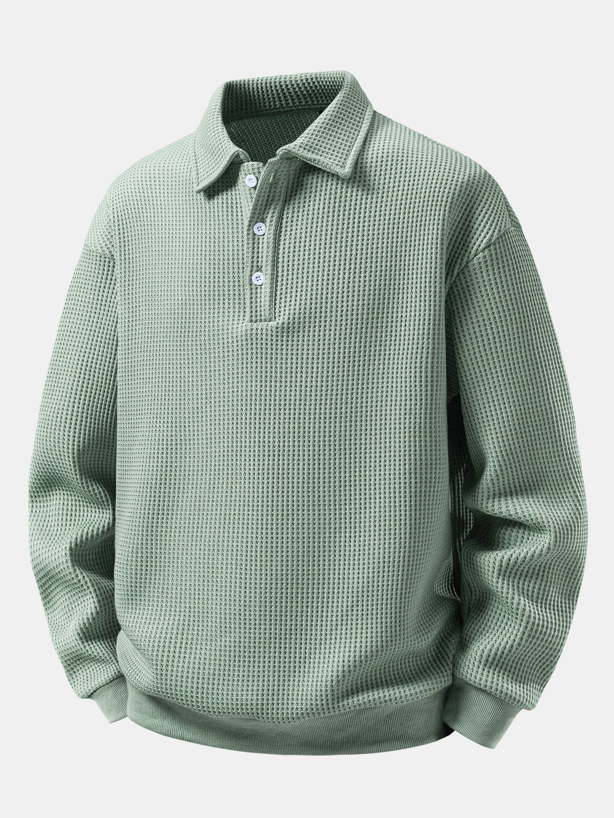 Men’s Waffle Textured Polo Sweatshirt with Button Collar – Relaxed Fit Long Sleeve Casual Pullover for Everyday Wear