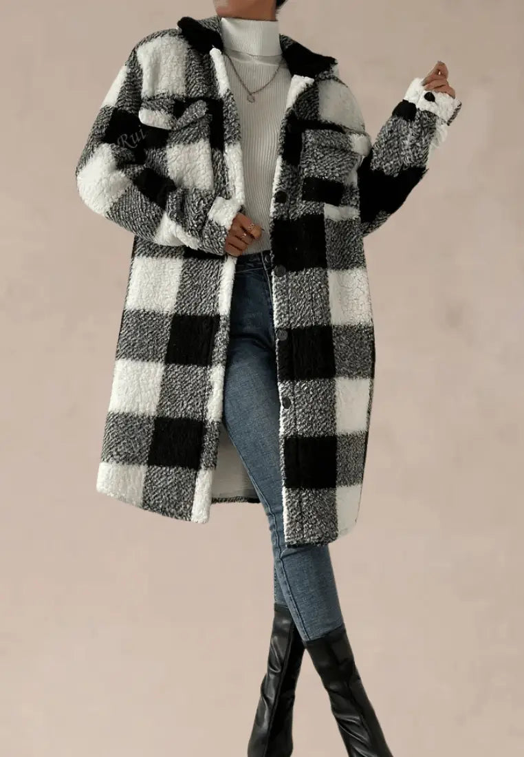 Women's Longline Teddy Fleece Coat with Classic Printed Design and Button Front – Soft Plush Relaxed Fit Winter Overcoat with Collar and Chest Pockets for Cosy Autumn and Winter Casual Streetwear