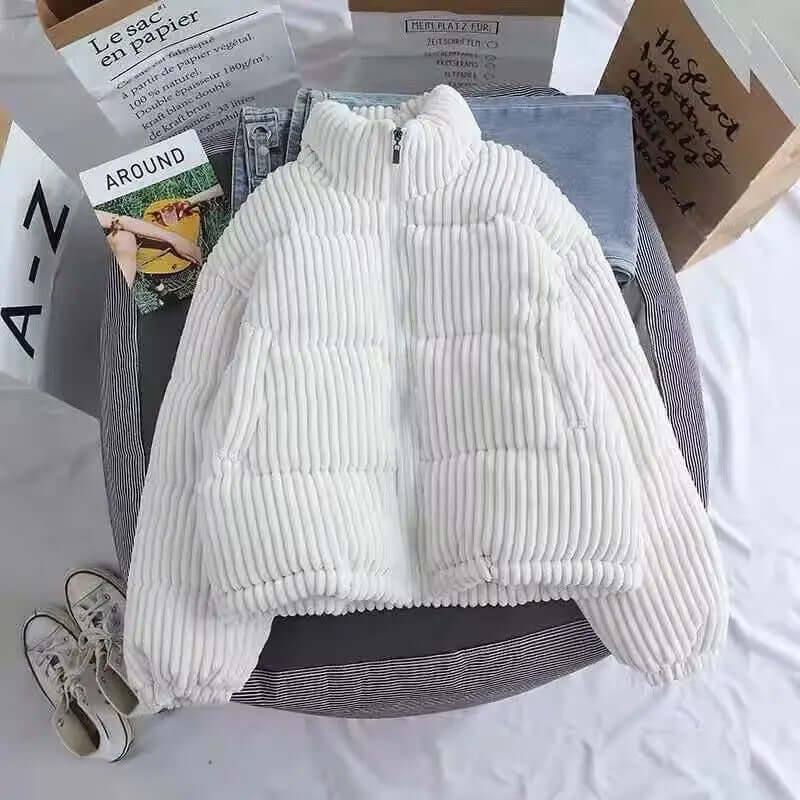 Giacca oversize da donna in velluto a coste, imbottita e trapuntata, con collo alto, ideale da indossare a strati in inverno