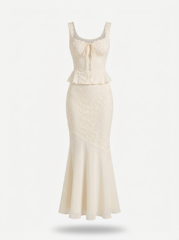 Women’s Lace Two-Piece Skirt Set – Fitted Peplum Top with Flared Maxi Skirt for Weddings and Summer Occasions